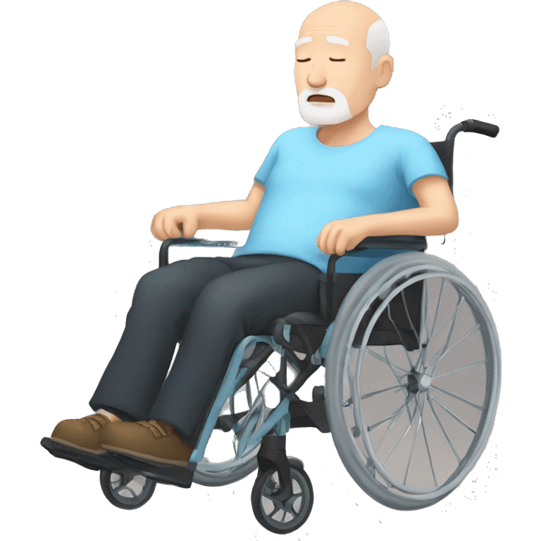 a sleeping bald old man with white beard, black shorts, light-blue shirt, on a wheelchair. His head is falling to the side from sleeping emoji