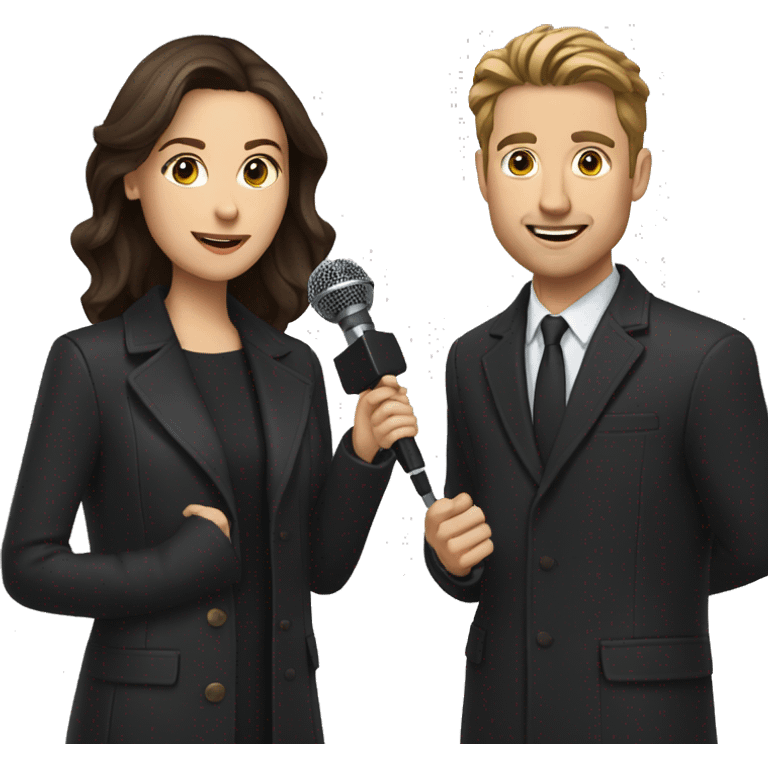 White male reporter with a microphone, brunette in a black coat emoji