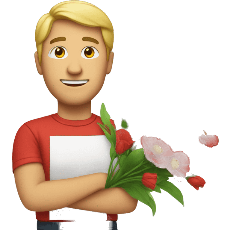 white man have red teeshirt and have a flowers emoji