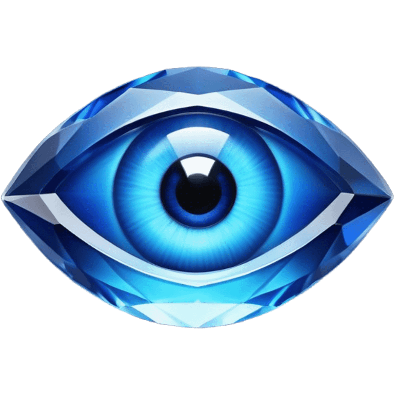 Cinematic Realistic image of a glass Evil Eye blue stone, rendered with translucent, luminous blue hues and finely cut facets that catch soft reflective light, set against a dark, minimalist backdrop to emphasize its mystical allure. emoji