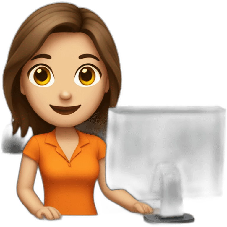 receptionist desk brown hair orange shirt emoji