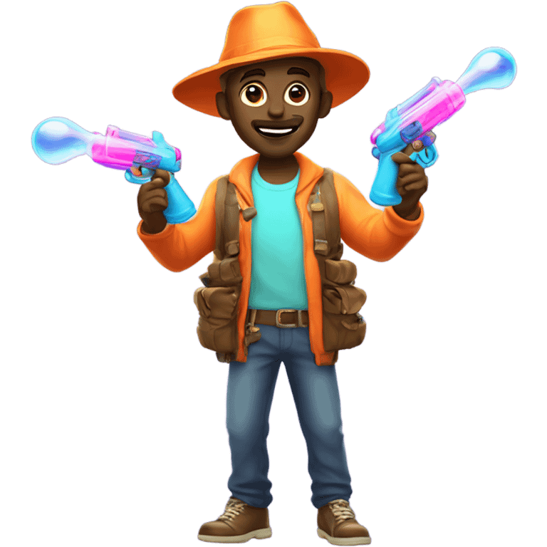 Guy in glowing outfit and hat with bubble guns in each hand emoji