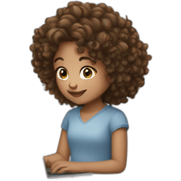 girl with curly brown hair and laptop and white hearts back emoji