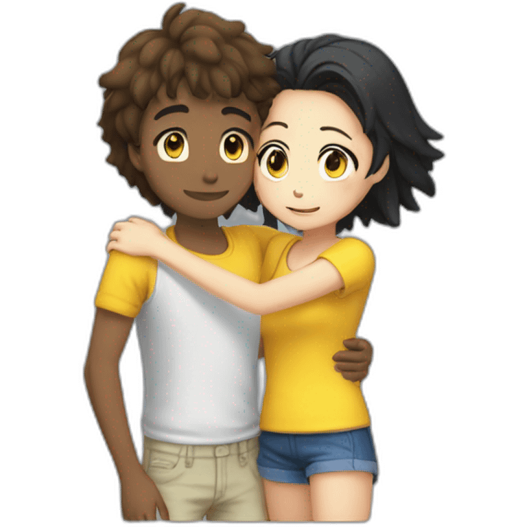 Kamijou Touma hugs a female wearing a yellow-colored shirt, wearing short pants, having short hair, and she felt black dark, and she had blue eyes emoji