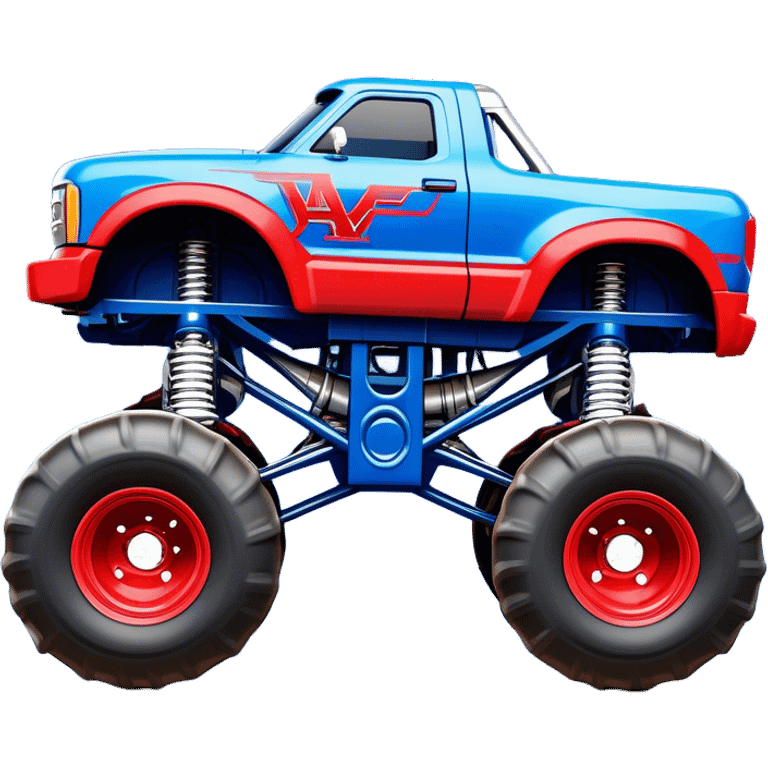 Avenger - Monster Jam (Model Year: 2021) (Iconic colour: Blue and red) - A dynamic monster truck with a split-color scheme: predominantly blue accented by bold red elements. Focus on strong, angular lines and vivid contrasting colors that evoke high energy and a futuristic, rebellious style. emoji