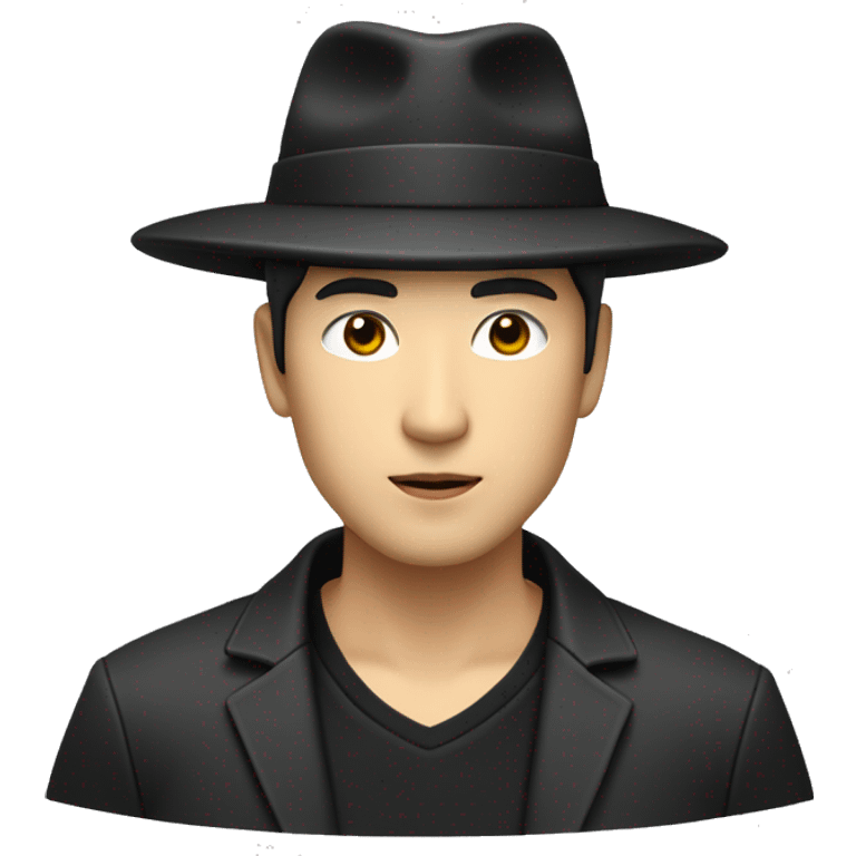 Japanese man with black hat with gold circle and rectangle on his hat with a black jacket with grey shirt and with black pants handsome emoji