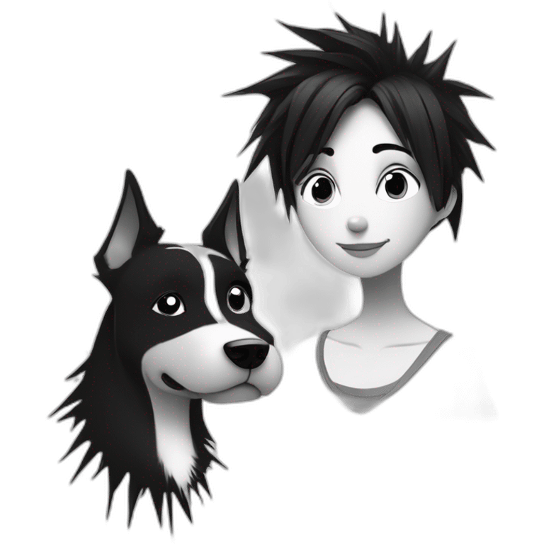 dog and a dark-haired girl with spiky hair looking at each other in style of ((sarah andersen)), black and white emoji