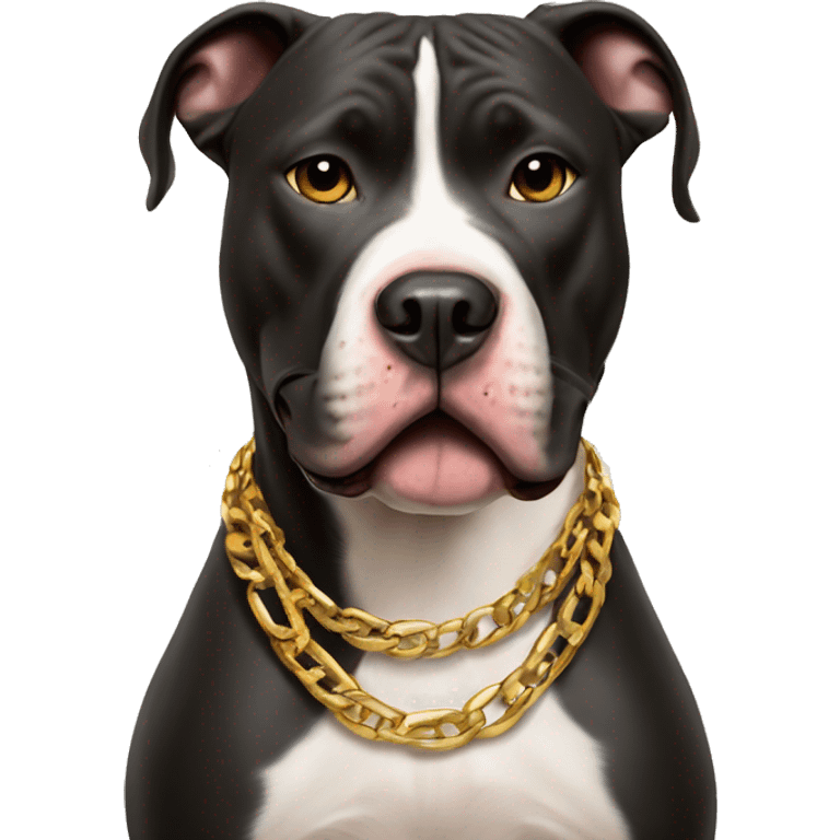 A dog pitbull with a aggressive face and wearing big gold chain on that says G UNIT emoji