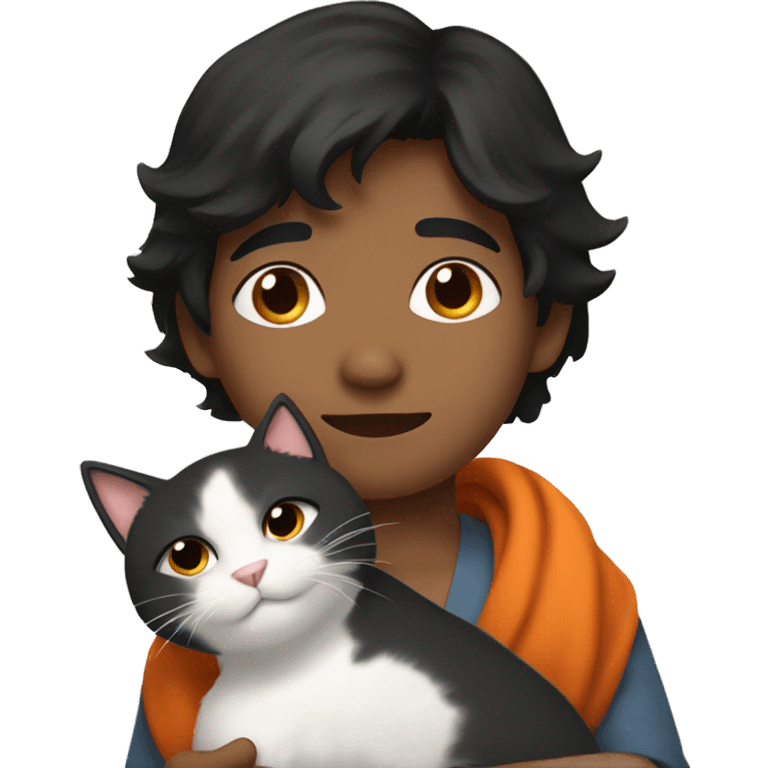 Black haired Indian boy with long fur orange and white cat cuddling emoji