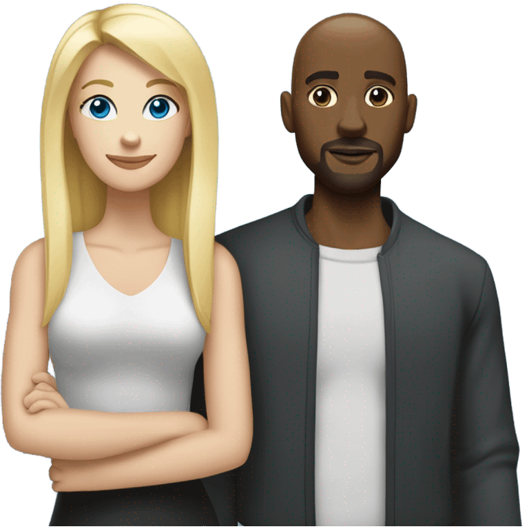 Blonde woman with blue eyes and long straight hair and black man who is bald with a goatee seated together with their legs touching and one arm around each other.   emoji