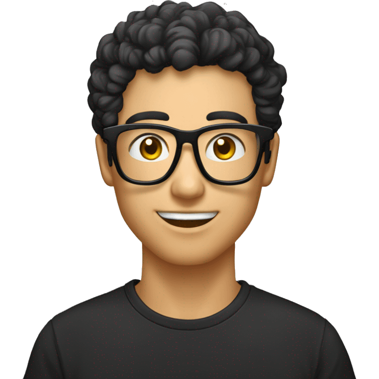 Garçon homme avec cheveux bouclés lunettes avec monture transparent avce t shirt noir emoji