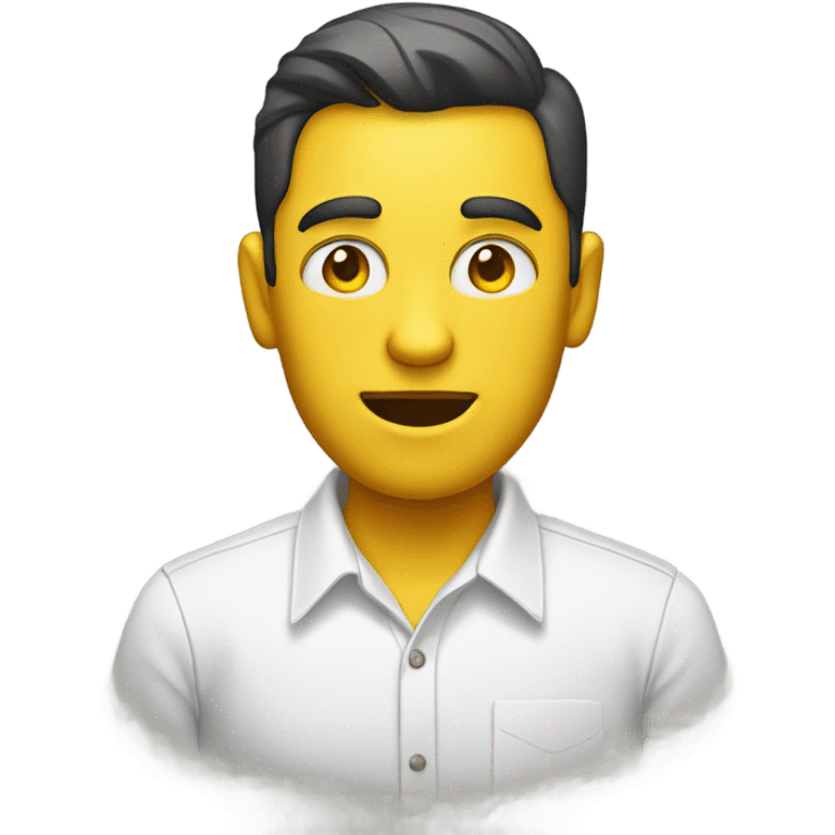 yellow skin man typing on white keyboard on desk wearing white button down shirt front view emoji