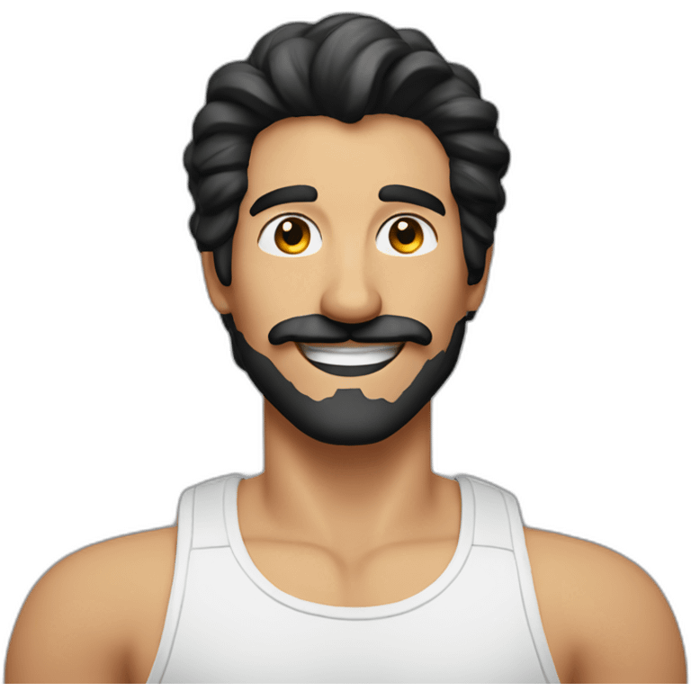 HAPPY MAN WITH MUSTACHE, stubble AND LONG BLACK HAIR AND WHITE TANK TOP emoji