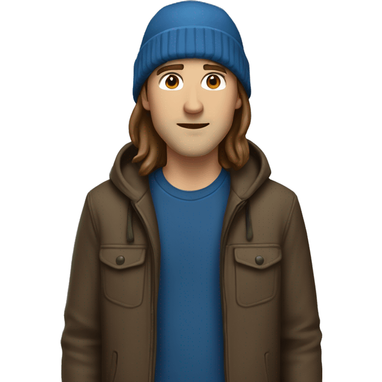 white man with long brown hair and brown beanie standing, wearing blue jacket emoji