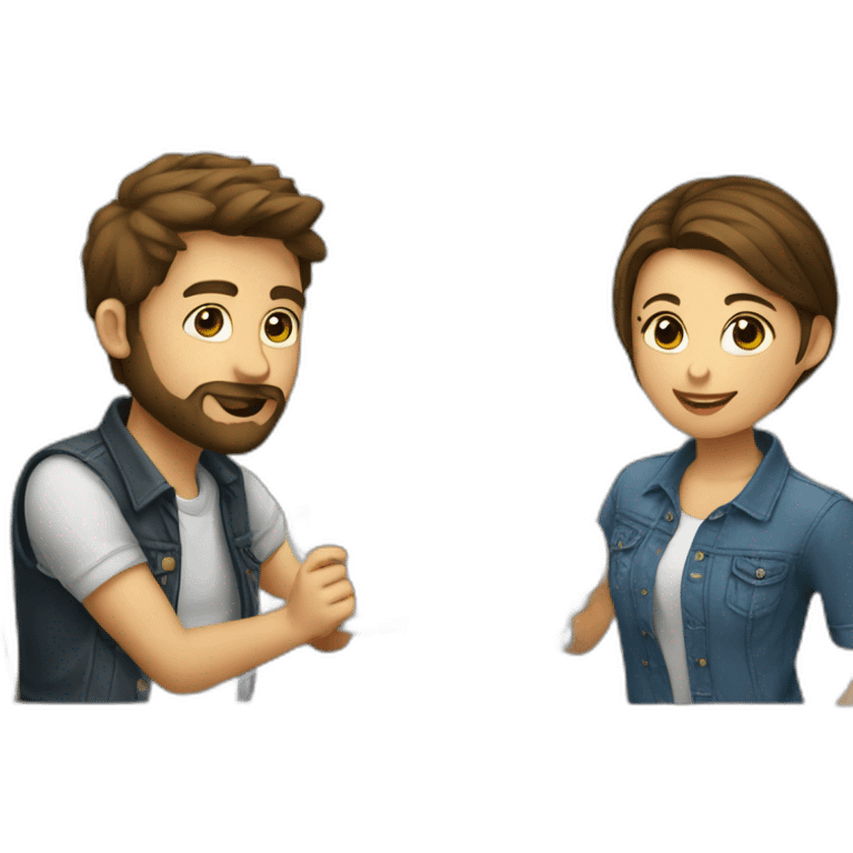 young girl with short brown hair in a relationship with a young man with a beard drinking beers dressed the same with a shirt and jeans emoji