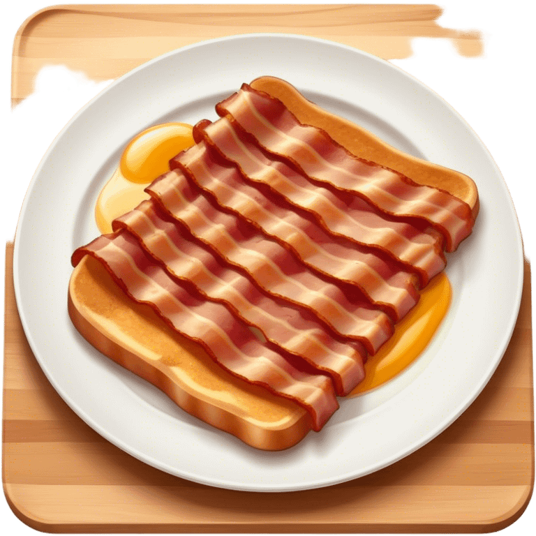 Cinematic crispy sizzling bacon, slightly curled, golden-brown with a perfect crunch, glistening with rich flavor, deep warm tones, served on a breakfast plate, comforting and indulgent. emoji