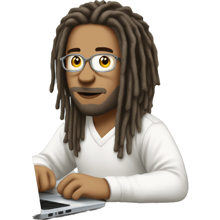 white-guy-with-dreads-wearing-white-trackstuit-sitting-down-on-chair facing-foward-focused-on-laptop-computer- emoji