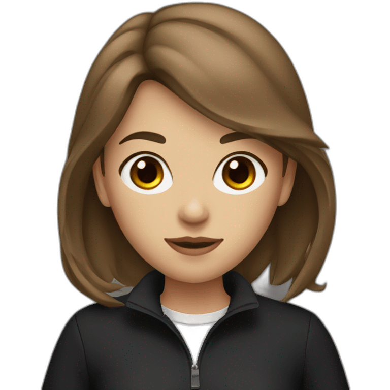 A girl with brown eyes and brown hair in a black golf and a black jacket emoji