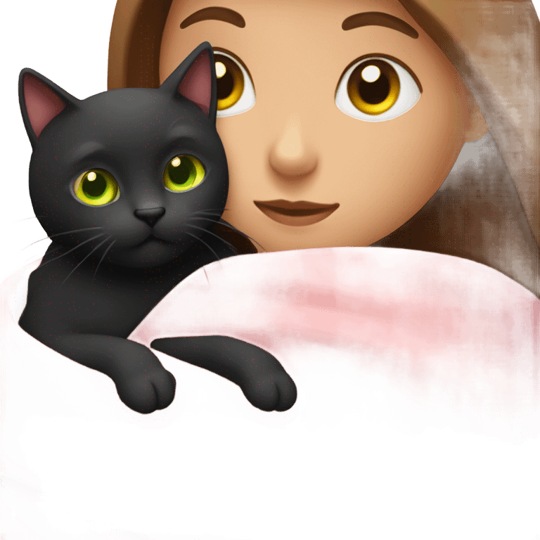 1 long brown haired girl with green eyes in a pink shirt. snuggling a  black cat with yellow eyes in a blanket emoji