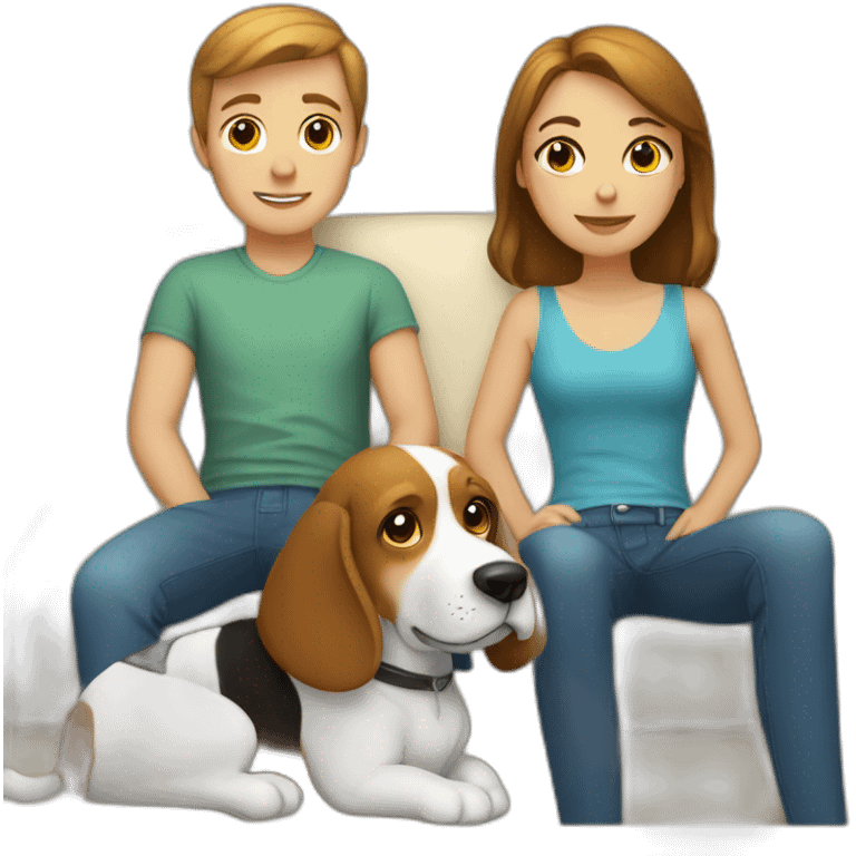 Brown hair White boy and girl and beagle Sit on couch emoji