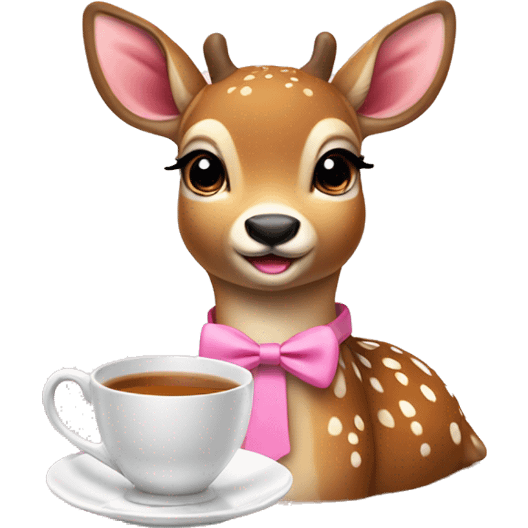 super cute deer with pink bow tie drinking tea with biscuit emoji