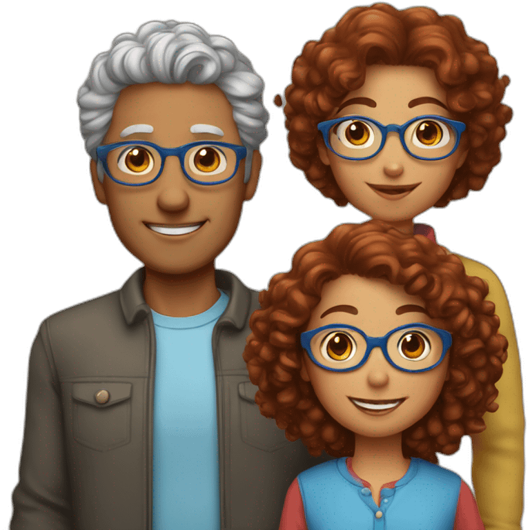 family of four father with gray hair mother with red curly hair and blue glasses son with brown hair and little daughter with curly brown hair emoji