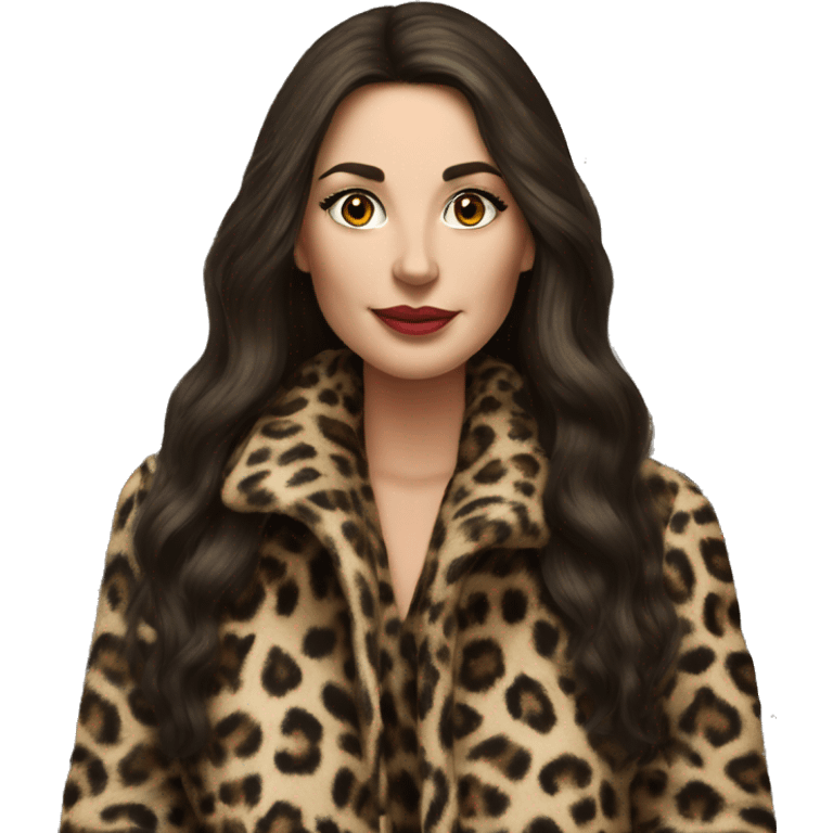 Beautiful realistic long hair brunette mob wife with leopard coat no smoke  emoji