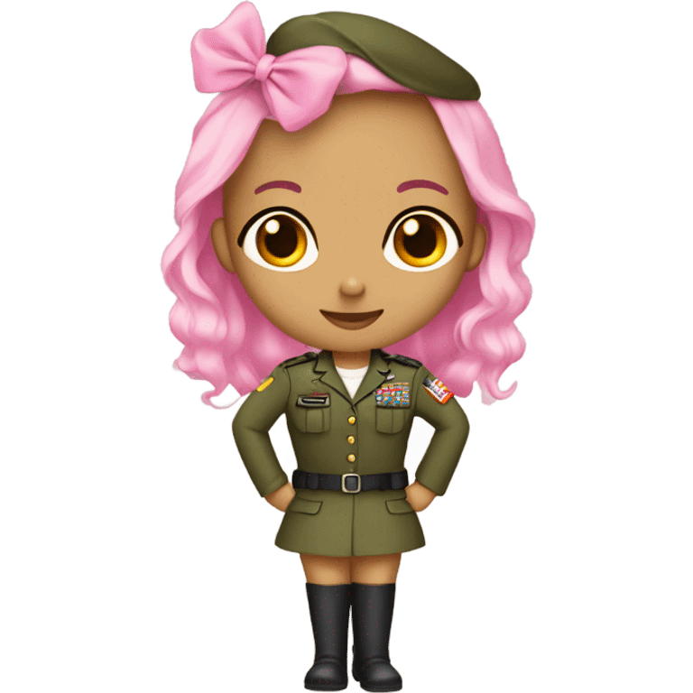 girl in army uniform with girly pink bow on head and heels on feet emoji emoji