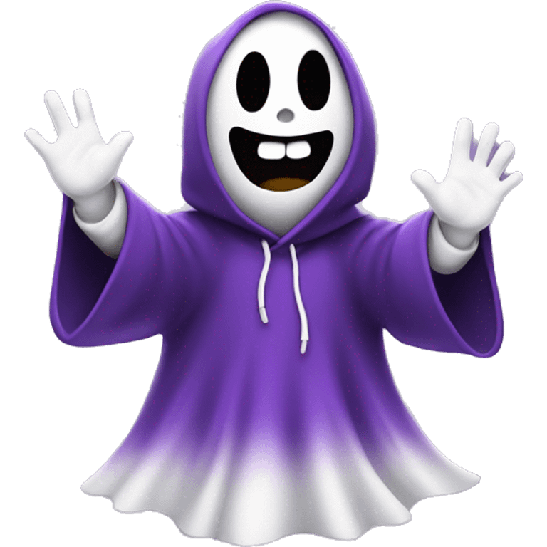 cute ghost with a black and purple hoodie on. waving hands in air emoji