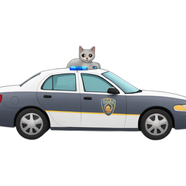 grey cat in a police car. The car is parked outside a doughnut shop emoji