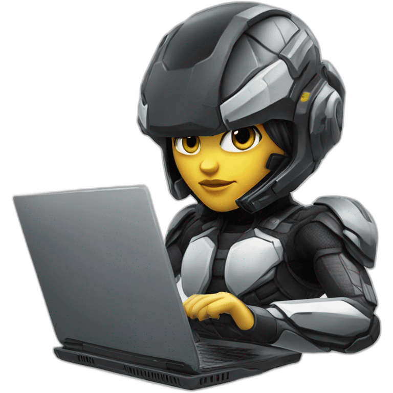 Girl developer behind his laptop with this style : Crytek Crysis Video game with nanosuit character hacker themed character emoji