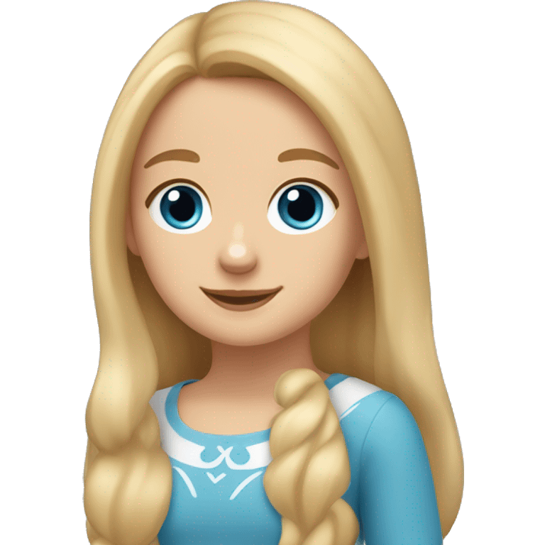 a girl with long blonde hair, she has blue eyes and a narrow nose and in her hands is a corgi emoji