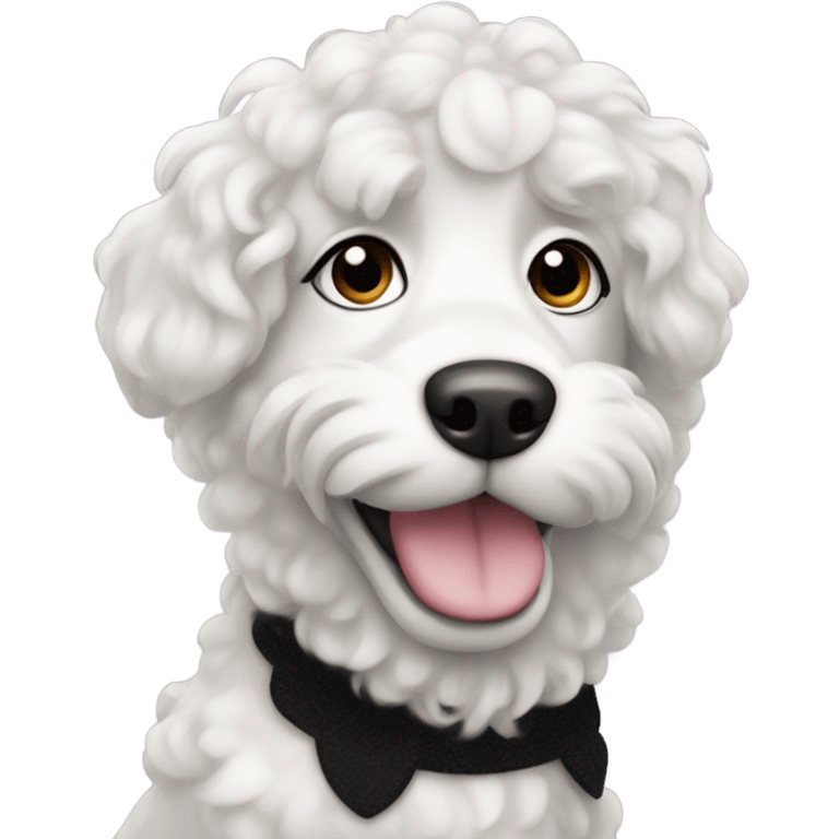 Coquette dog with curly black fur and a white fur spot under her chin emoji