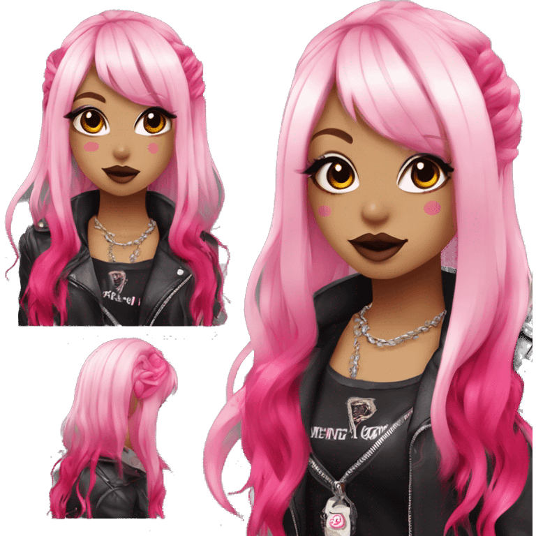 hime gyaru girl, hot pink and red split-dyed hair, dark makeup, punk clothes emoji