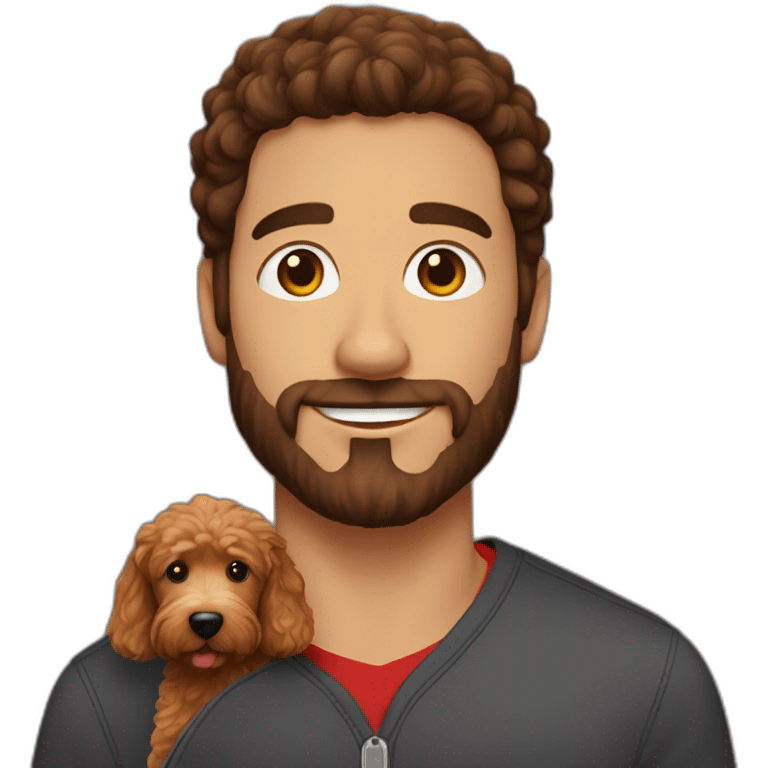 guy with dark brown hair holding red goldendoodle emoji