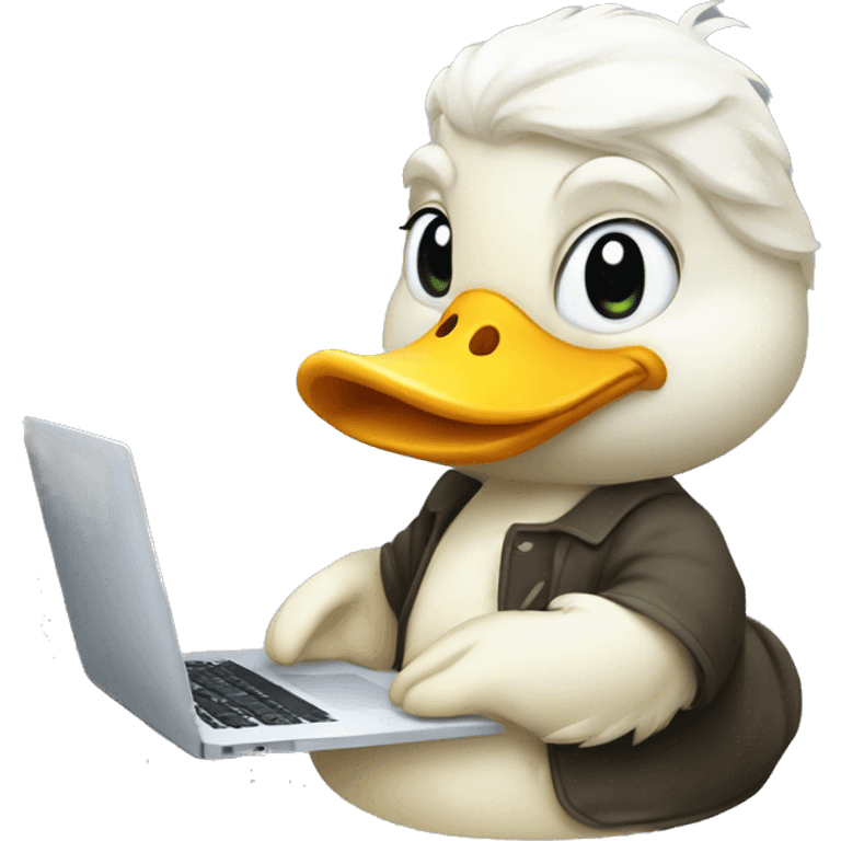 A cute, white developer duck using a MacBook emoji