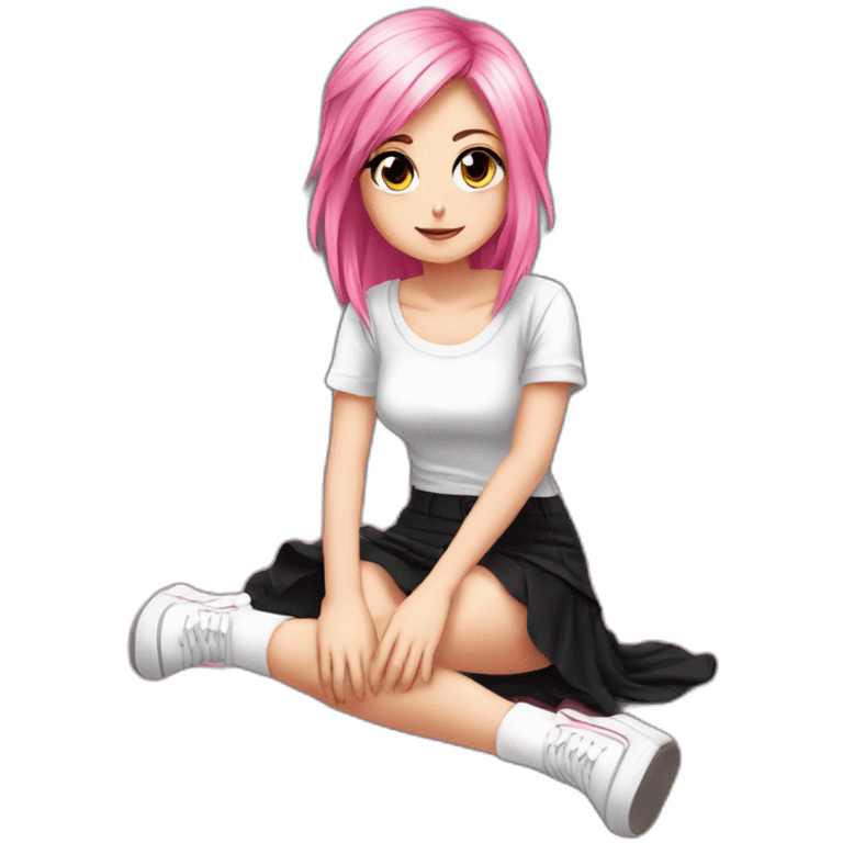 Full body Front view curvy emo girl pink hair sits on the floor straight view hands up black skirt белые трусики полосатые рваные чулки emoji