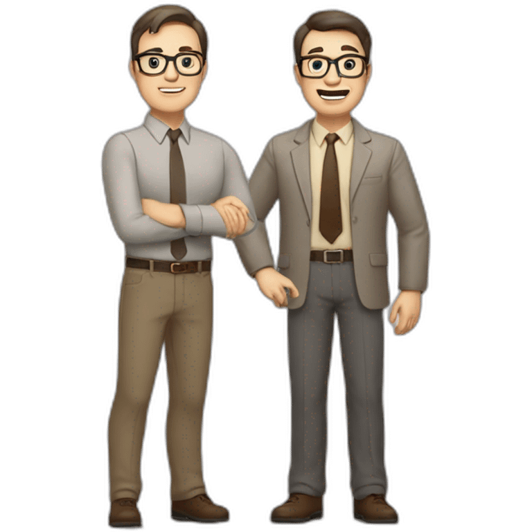 To belt Actively gesturing with hands Pale skinned fit man teacher with dark brown hair in gray jacket, beige office shirt, brown tie, brown pants and vintage glasses. emoji