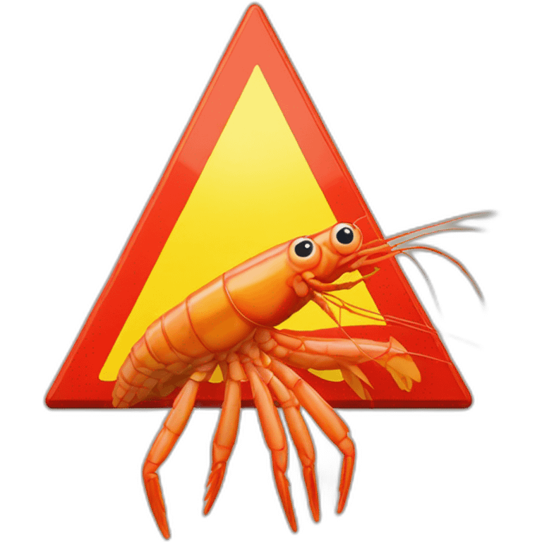 red shrimp in upside-down yellow triangle road sign, pixelated emoji