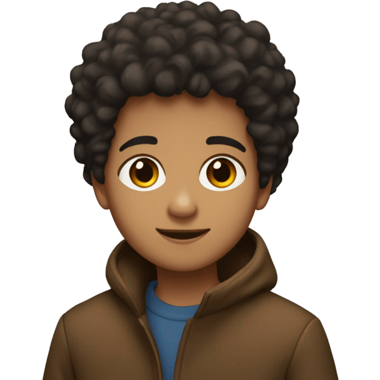 winter, christmas, hispanic, afro hair,  boy, short hair brown eyes, child, full body, brown coat emoji