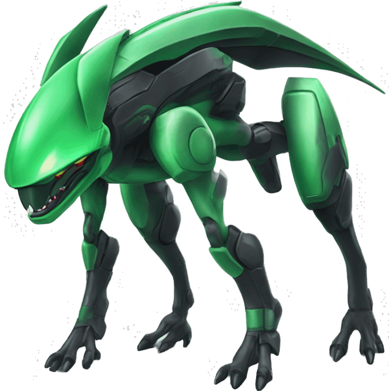 a black-green Genesect-Raptor-Fakémon—hybrid with a futuristic visor-helmet full body emoji