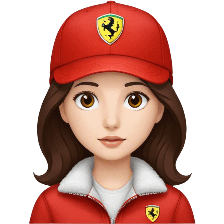 a brunette girl with medium length slightly wavy hair and white skin and brown eyes wearing an f1 ferrari cap emoji