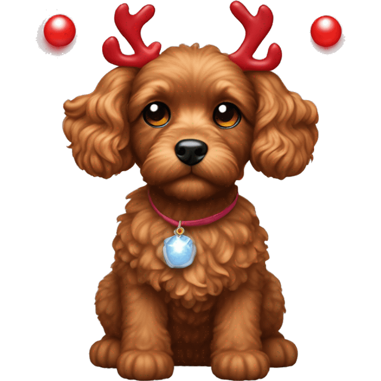 ruby brown toy cavoodle with a glowing red nose and reindeer ear headband on emoji