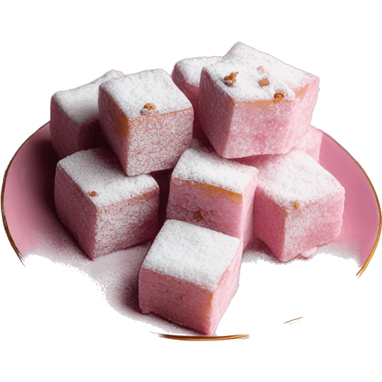 Turkish delight stacked cubes with chopped walnuts and covered with powdered sugar, on a pink porcelain plate emoji