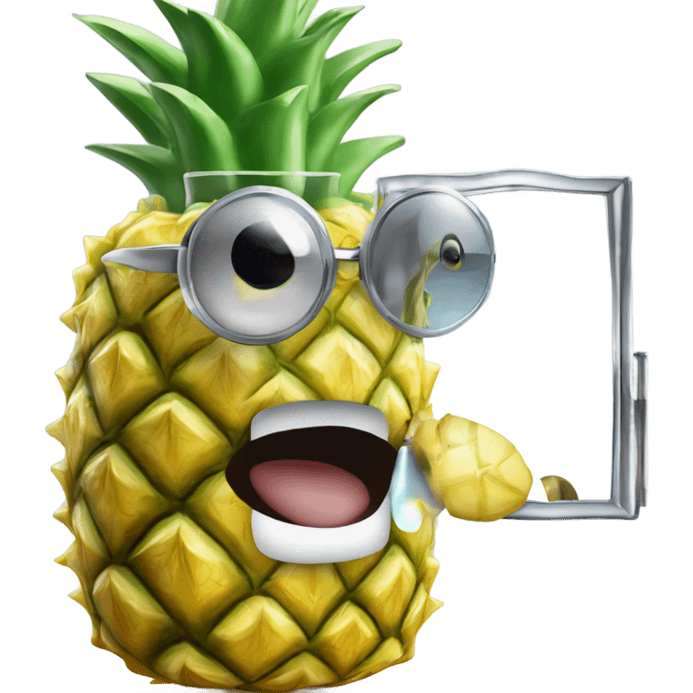 3D elegant pineapple🍍  with big shiny eyes 👀 pineapple holds mirror with its reflection 🪞🍍 emoji