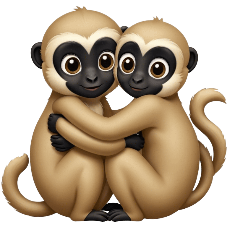 Two gibbons, one black and one tan, embracing, cute Disney-style  emoji