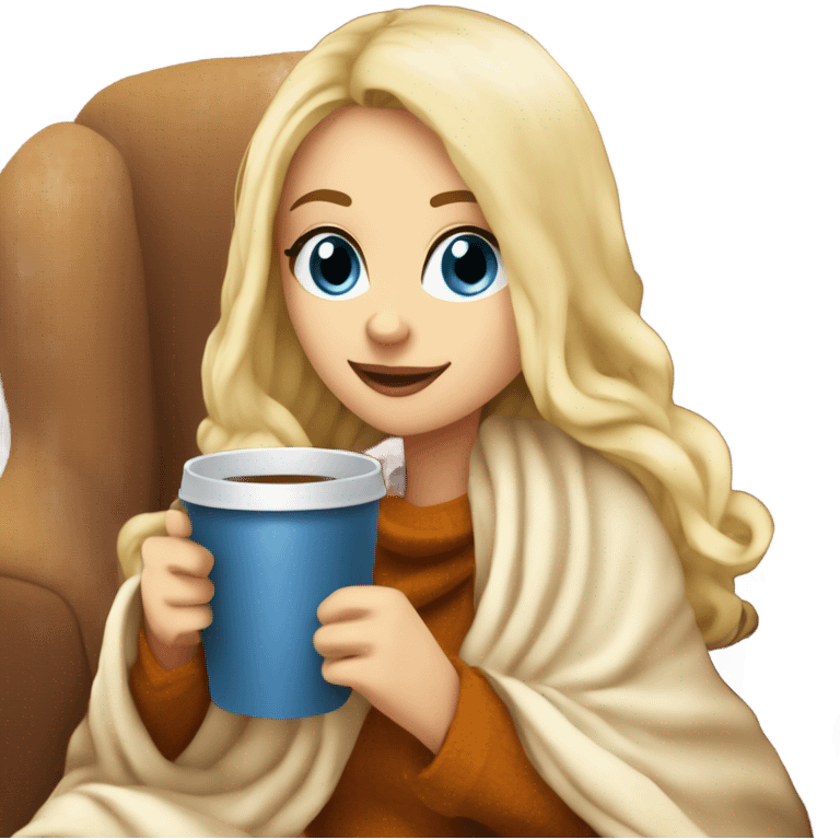 Blonde hair blue eyed white girl covered in blanket autumn vibe sitting on a cozy chair holding coffee emoji