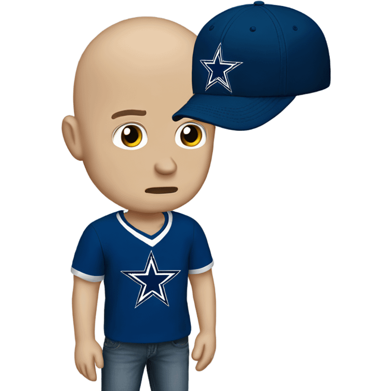 Bald white male holding dark blue Dallas Cowboys hat. He’s crying because he’s ashamed of being bald  emoji