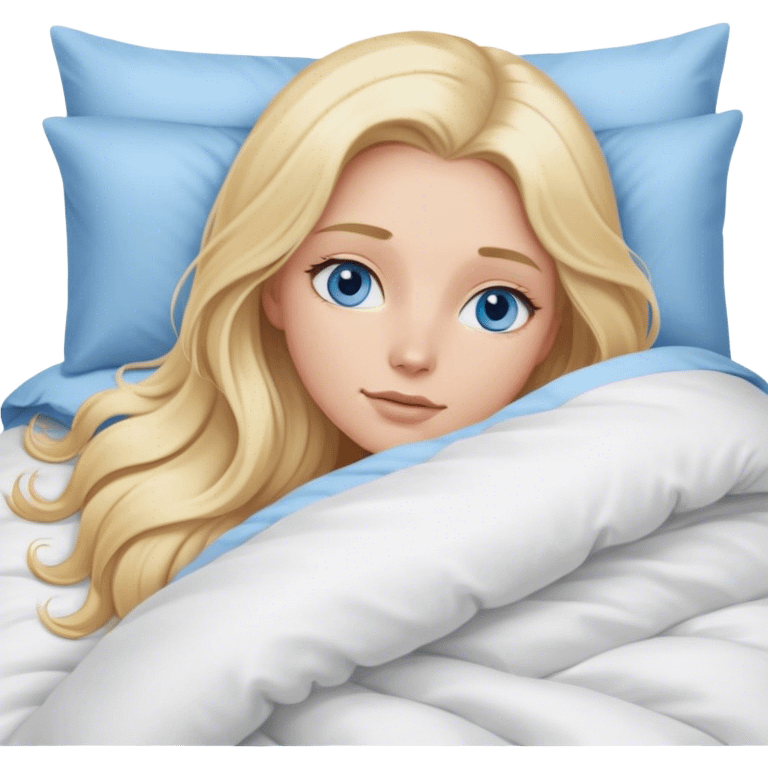 Cinematic realistic blonde with long hair, blue eyes and delicate features, lying in a cozy, soft bed, covered with a duvet emoji