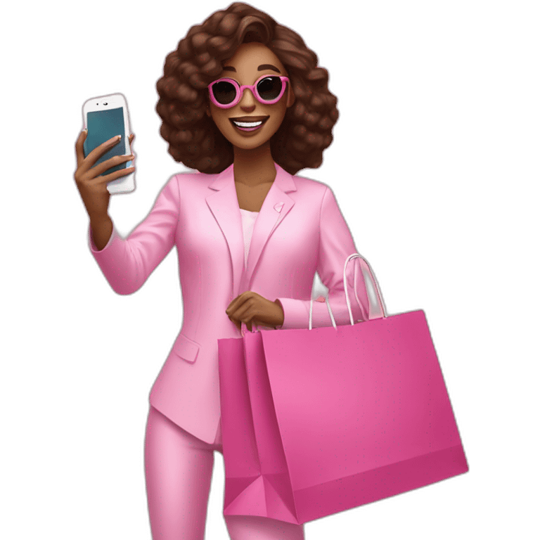 influencer taking selfie with a pink shopping bag emoji